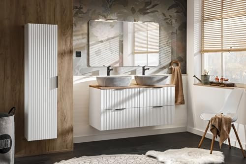 NAKA Adel Badmöbel-Set mit 2X Waschbecken 140 cm Badschrank Waschtisch Soft Close Schubladen Badezimmerschrank Waschbeckenunterschrank Komplettes Set Montiert Weiß