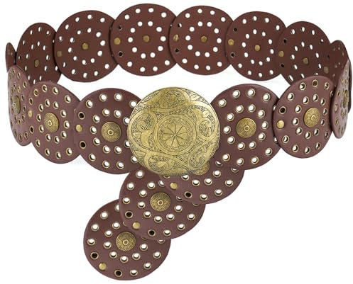LIMHOO Breite Scheibengürtel für Damen Leder Aushöhlen Runde Gürtel Boho Western Taille Gürtel (A Braun Groß)