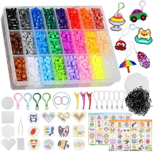 GOLDGE Fuse Bead Kits - 24 Color Iron Bead Set (6300 Pcs) with Pegboards, Ironing Papers, Tweezers, Pattern Guide, Lanyards, Hair Pins, Hair Bands - Kids Arts & Crafts