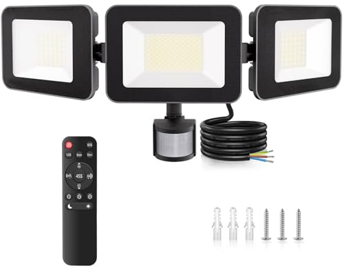 MEIHUA 100W LED Strahler mit Bewegungsmelder Fernbedienung 1000-9600LM IP66 Wasserdicht Flutlicht 6500K Drei-Kopf 180° Verstellbar Scheinwerfer für Außen Garten Garage Sportplatz