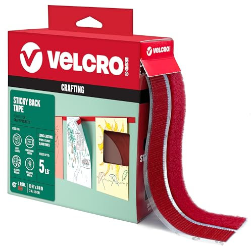 VELCRO Brand Couleurs | Ruban adhésif rouge | Rouleau de 3 m avec adhésif, bandes coupées à la longueur souhaitée | Montez la décoration de salle de classe, créez des projets d'artisanat saisonniers |