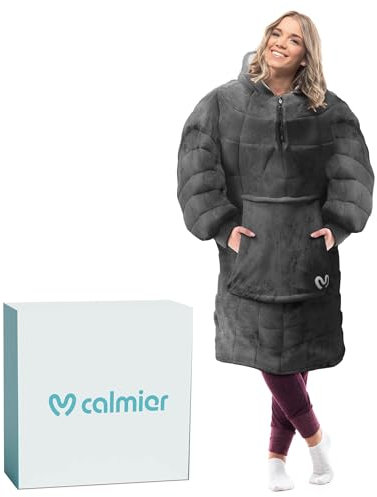 Calmier 10 lb Wearable Weighted Blanket - Oversized Wearable Blanket Hoodie - Ultra Plush Comfy Weighted Hooded Blanket (Grey)