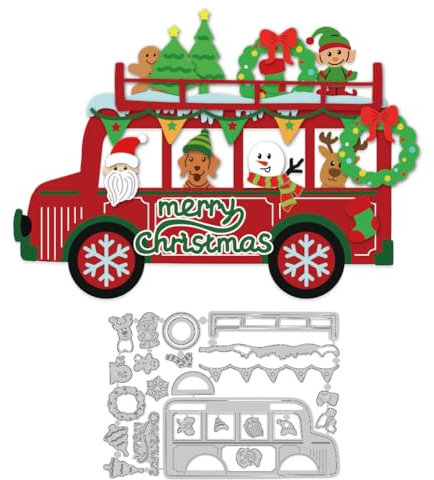 DELORIGIN Weihnachts Bus Stanzformen Metall Schneemann Stanzformen Kartenherstellung Stanzformen Prägeschablonen Rahmen Stanzschablonen Neuheiten 2025 Für DIY Prägungen Scrapbooking Bastelkarten