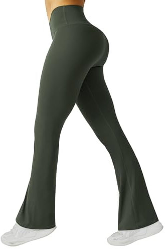 Friptspyg Damen Hose mit Taschen High Waist Yogahose Causal Jogginghose Elastische Sporthose Outfit Weite Bootcut Flared Leggings, Armee Grün S