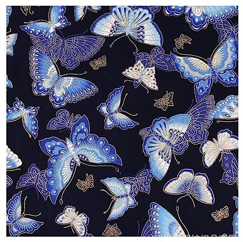 BrightGlow 100x150 cm Japanischer Stil Baumwollstoff Meterware Bunt Gedruckt Nähstoffe mit Blume Fächer Fliegender Kranich Tücher Baumwolltuch Kleiderstoff Quiltstoffe zum Nähen Marine-Schmetterling