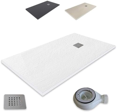 Plato de Ducha Antideslizante 70x130cm - Plato Ducha Resina Resistente a Agentes Químicos - Plato Ducha Antibacteriano - Incluye Rejilla Desagüe Ducha y Válvula Sifón Plato Ducha - Color Blanco