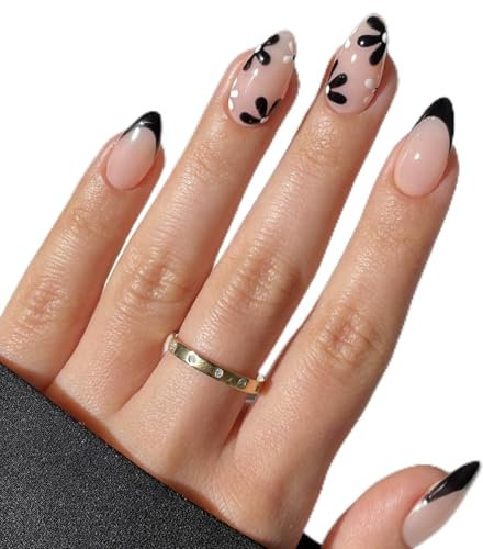 Cosmeria 24 Stück Schwarze Blumenmuster Press On Nails, Kunstnägel zum Aufkleben, Mandelförmige Künstliche Fingernägel, DIY Gelnägel für Frauen und Mädchen