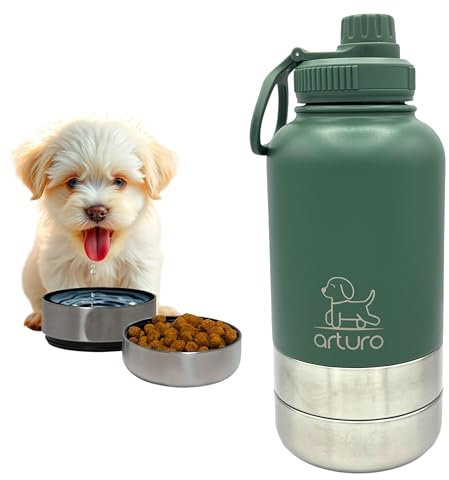 Todo en uno - Termo auténtico Acero - con Plato para Comida y Plato Bebida - Comparte el Agua Fresca - Botella paseo Perros - Bebedero Perro antigoteo portátil - Termo para Agua y Comida. Verde