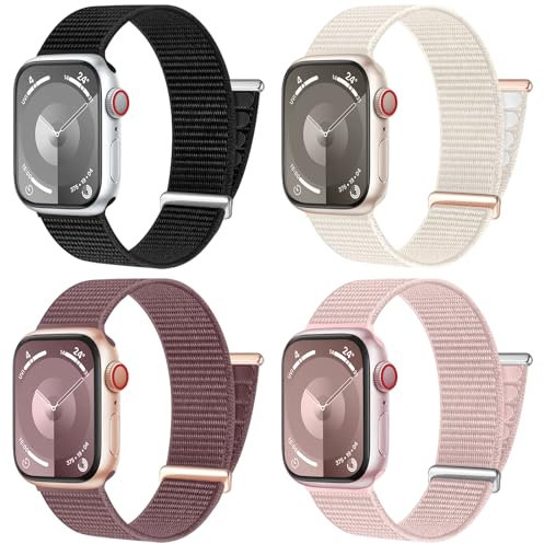 CeMiKa Compatible con Correa Apple Watch 42mm 40mm 41mm 38mm Mujere Hombre, Banda Deportiva de Nailon Suave Ajustable con Velcro Sport Looppara iWatch Serie 10 9 8 7 SE 6 5 4 3 Ultra 2 1, Pack 4