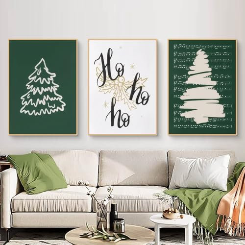 Viusneun Weihnachts Wandkunstdrucke, 3er Poster Set Grün Weihnachtsbaum Wandbilder Aesthetic Boho Weihnachtsdekoration Premium Leinwandbilder Wandposter für Wohnzimmer Schlafzimmer Deko (30 x 40 cm)