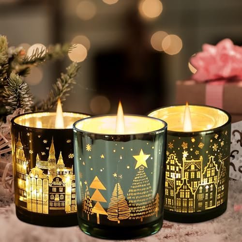 Weihnachtsdeko Innen Tischdeko 3 Stück Weihnachten LED Windlicht Glas Weihnachtsdekoration Tisch Fenster Weihnachtsbeleuchtung Deko Schwarz Gold Christmas Decor Licht Beleuchtung Winterdeko (Bunt)
