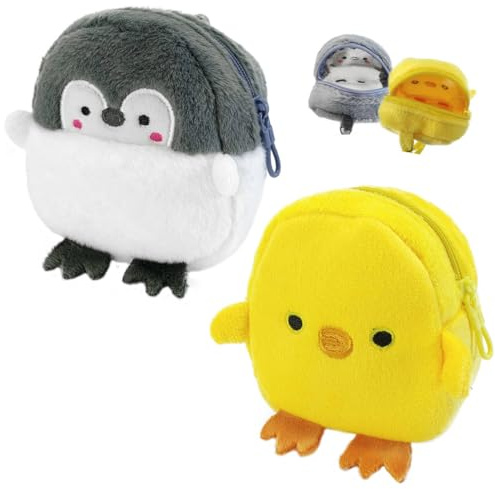 Kinder Portemonnaie Mädchen und Jungen, 2pcs Plüsch Nette Pinguin Küken Muster Kleine Reißverschluss Tasche Leicht Weit Anwenden Münze Geldbörse für Münzen Cash Keys