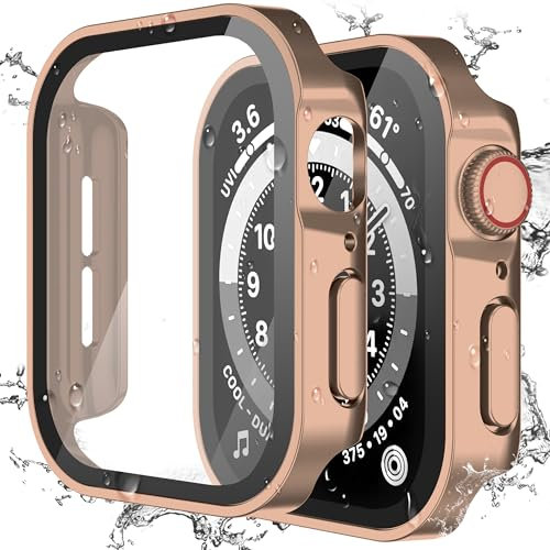 Kawoco Funda para Apple Watch SE Serie 9/8/7, 45 mm, con protector de pantalla de cristal blindado, resistente al agua, carcasa rígida de borde plano, protector de pantalla altamente sensible para