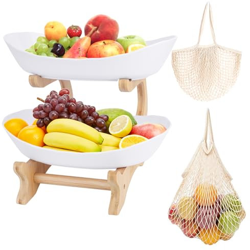 XCRPRT 2 Tier Fruit Bowl Stand,Fruit Baskets for Kitchens with Natural Wooden Bamboo Stand Tiered Fruit Bowl and Mesh Bag with Fruitfor Fruit Vegetable Storage, Snack, Nuts, Cake, Dessert (White)