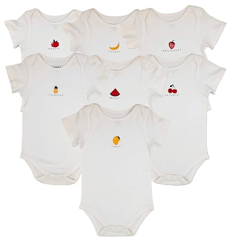 TORMUJ Baby Vest Bodysuit 7-Pack 100% Cotton Short-Sleeve Vests For Boys and Girls 0-12 Months Days Of The Week Fruits