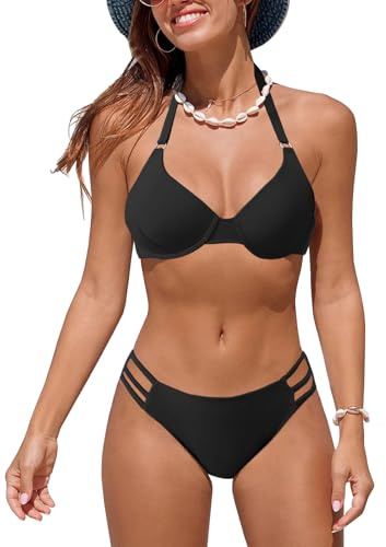 Rayson Costume da Bagno Donna Due Pezzi Push Up Reggiseno Bikini Regolabile Swimwear Spiaggia Estiva a Vita Bassa(Nero,L)