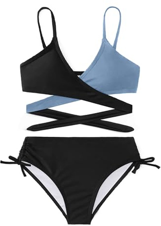 Arshiner Mädchen Farbe Block Strand Wrap Around Badeanzüge 2-teilige Badeanzug Sommer Bikini Tankini Sets für Kinder Schwarz/Blau 160 13-14 Jahre