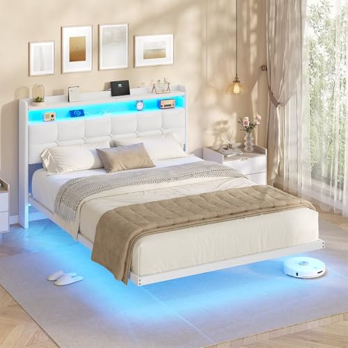 AOGLLATI Lit Flottant,140×200 CM, Cadre de Lit Métal avec Éclairage LED, Multiprise, Tête de lit Capitonnée avec Rangement,Structure Stable, Pas de Bruit, Pas Besoin de Sommier, PU, Blanc