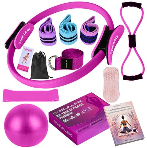 Revalinx Pilates Set Zuhause 9tlg, Pilates Yoga Set mit Pilatesring Damen, Yogaball, Widerstandsbändern, Gurt, Fitnessband, Rutschfesten Socken, Pilates Zubehör Damen, Pilates Reformer