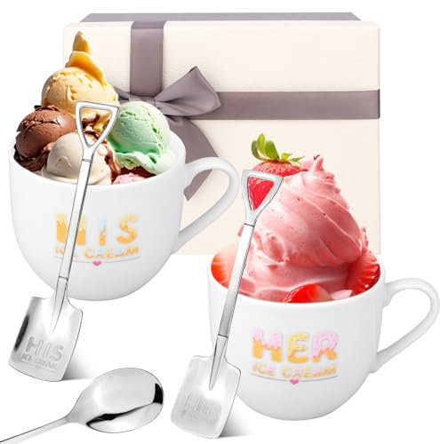 5 Pcs His and Hers Gifts for Anniversary Couple Ice Cream Bowl with Spoon Scoop Set for Wedding Engagement Gifts for Bride and Groom Ceramic Mugs Cup for Birthday Christmas Valentine's Day Mothers Day