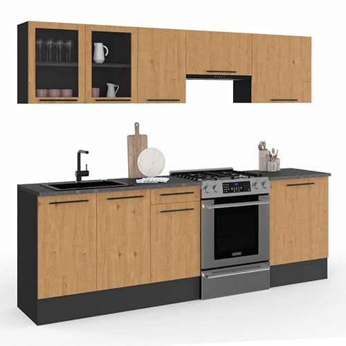 IDMarket - Cuisine complète 240 cm Subtil avec vitrine + Plan de Travail 7 éléments Bois et Noir