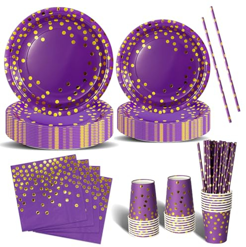 Nkaiso 120 Piezas Morado y oro Vajilla Fiesta Cumpleaños, Platos y Vaso Cumpleaños Infantil, Juego de vajilla Fiestas Platos Desechable Servilletas para Party Decoración Baby Shower -24 Invitado