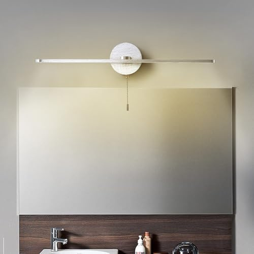 TZSMUM LED Mirror Front Wall Light Modern Indoor Waterproof Wall Lamp with Pull Cord Switch Wall Sconce Long Strip Wall Lighting Aluminium for Bathroom Bedroom Living Room (Silvery,Warm Light)