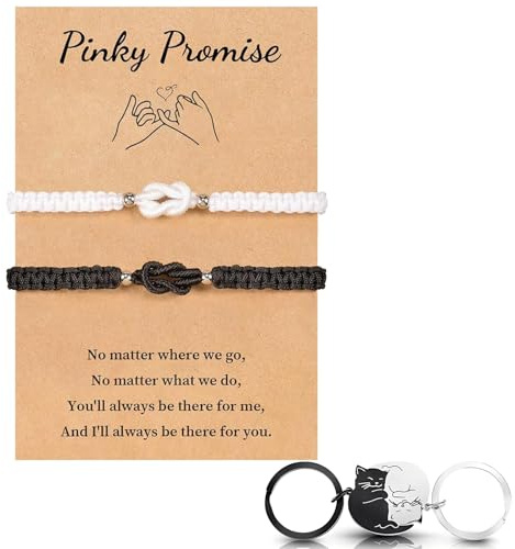 Snyvpra Besondere Valentinstag Geschenke, Partner Set Mit Pinky Promise Armbändern Und Katzen Schlüsselanhänger, Romantisches Paar Accessoire Für Verliebte, Partner Armbänder