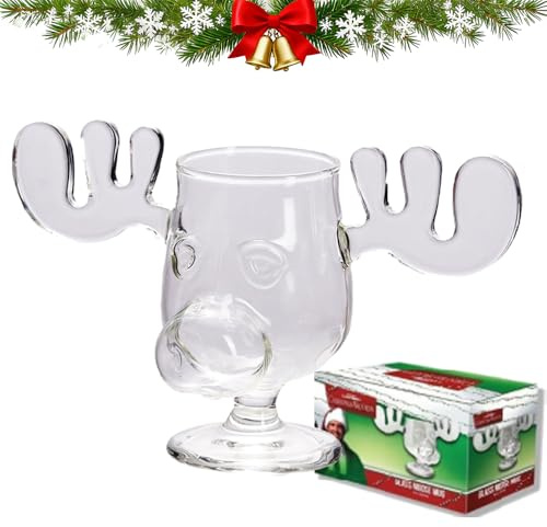 ByteCraft Christmas Eggnog Moose Mug, Clear Thick Cute Glass Coffee Mug, Vacation Movie Moose Gift Drinking Cup for Christmas Friend Birthday Holiday (Short Footed Glass)