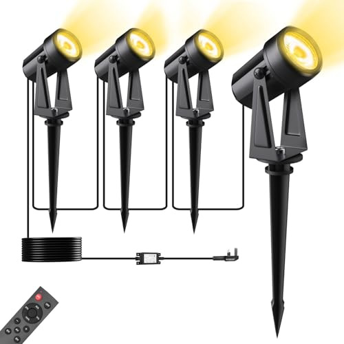 Pogestrand 4 Pack 17M Garden Lights Mains Powered with Remote Control | 27V Low Voltage IP65 Waterproof Pathway Lighting with Adapter,3000K Warm White LED Landscape Spotlights for Lawn Yards Patio