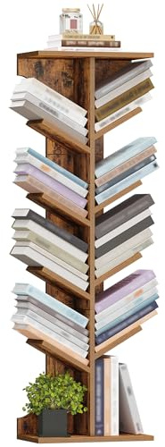 Hzuaneri Tree Bookshelf Bookcase, 11 Tier Floor Standing Book Shelf, Narrow Bookcase, Display Shelf for Living Room, Home, Office, Bedroom, Rustic Brown, BC01601X