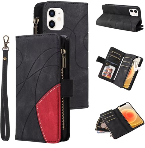 Portefeuille étui pour iPhone 11, rétro 9 Porte-Cartes Fentes Zipper Poche Sac à Main étui PU Cuir Fermeture magnétique Pied à Pied avec Bracelet TPU étanche à Chocs Folio étui - Noir