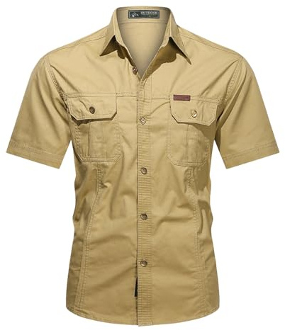 Muwodkdn Chemise Homme Manches Courtes Coton Cargo avec 2 Poches Poitrine | Chemisette Boutonnée Col Montant Slim Fit Couleur Unie Chemises de Travail Homme Safari Militaire Tactique Shirt