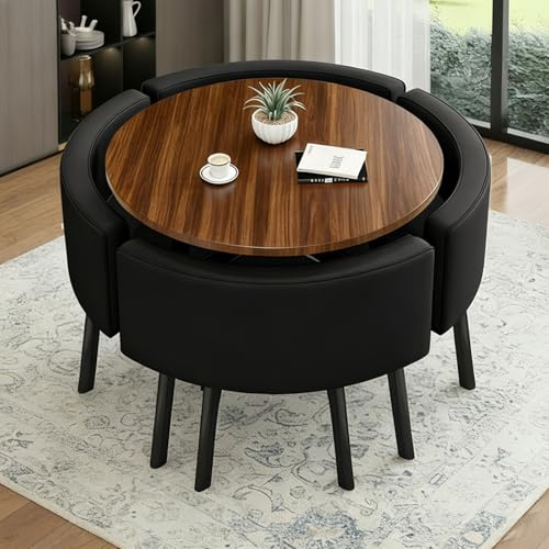 Generisch Esstisch Set mit 4 Stühlen, 90 cm Runder Esstisch und 4 Esszimmerstühle, Modern MDF Küchentisch und 4 Gepolsterte Stühle für Küche, Esszimmer, Wohnzimmer