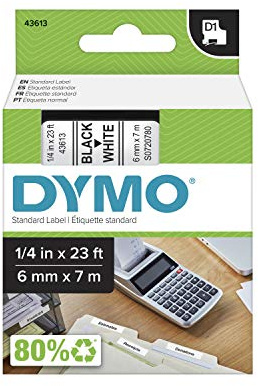 DYMO Standard D1 43613 Etiketten für LabelManager Etikettenhersteller, 0,6 cm B x 6,9 cm L, schwarzer Druck auf weißem Klebeband, selbstklebend, 1 Kartusche