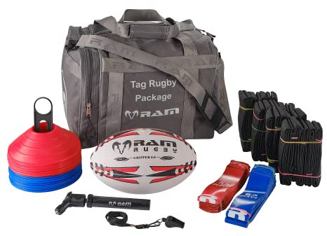 Ram Rugby Tag Rugby Package – Complete Set with 20 Tag Belts & 40 Tags (20 Red & 20 Blue), Gripper 2.0 Trainer Ball, 30 Cones, Double-Action Pump, Whistle & Carry Bag – Available in sizes 3, 4 & 5