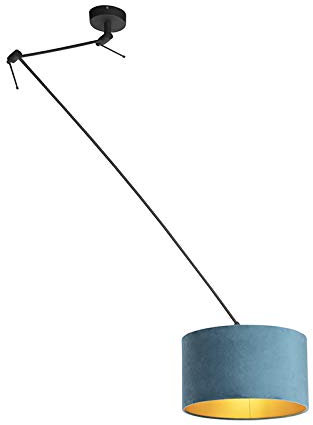 QAZQA - Klassisch I Antik Hängelampe I Pendellampe I Pendelleuchte mit Veloursschirm blau mit Gold I Messing 35 cm - Blitz I schwarz I Wohnzimmer I Schlafzimmer - Textil Zylinder I Länglich I Rund - L