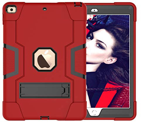 Bspring Coque pour New iPad 7th Generation 10.2 2019 / iPad 10.2 Tablette, Hybride Etui de Protection Résistant Trois Couche Silicone Souple et PC avec Support pour Apple iPad 10.2”2019,Rouge/Noir