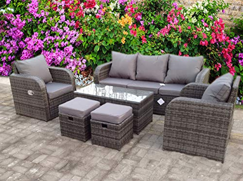 UK Leisure World RECLINER RECLINE COFFEE TABLE STOOLS RATTAN WICKER CONSERVATORY OUTDOOR GARDEN FURNITURE SET CORNER SOFA GREY (Grey)