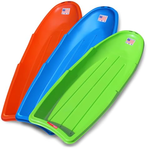 Flexible Flyer Winter Lightning Snow Sleds for Kids and Adults (3-Pack) - 48 Inch Toboggan Style Plastic Sled with Hard Bottom for Fast, Smooth Rides - 1 or 2 Riders (Blue, Green, Orange)