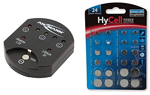 Ansmann 1900-0035 Button Cell Battery Tester with LED Display [Pack of 1] & HYCELL Alkaline & Lithium Button Cells [Assorted Multipack of 24] Incl 2 of CR1620/CR2016.e.g.