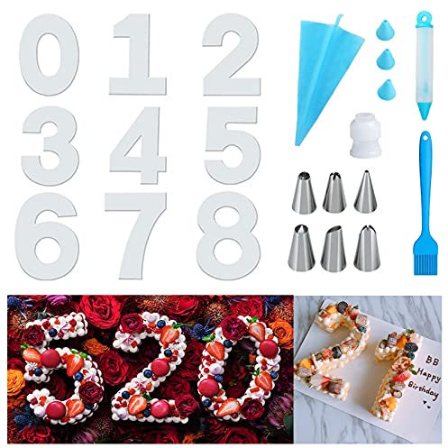 Moules à Gâteaux Numériques en Acryliques, Moulle Number 0-9 Cake Gabarit avec Kit Patisserie de 18 Pièces pour Crème de Gâteau aux Fruits Gâteau de Mariage Gâteau D'anniversaire (12 pouces)