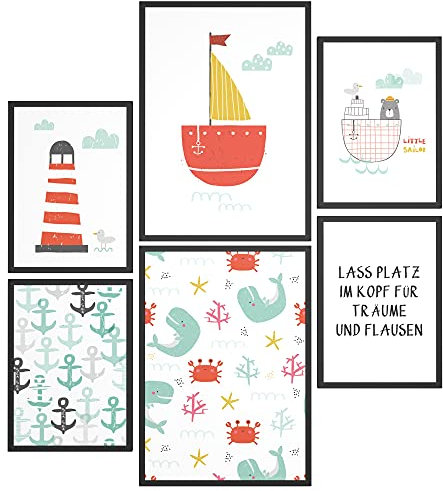 Papierschmiede® Bilder Kinderzimmer Kids Mood Poster Set Ahoi Strand, Kinderzimmer Bilder Babyzimmer Deko, 2x DIN A4 und 4x DIN A5, Schiff Anker Leuchtturm - Kinderposter ohne Rahmen