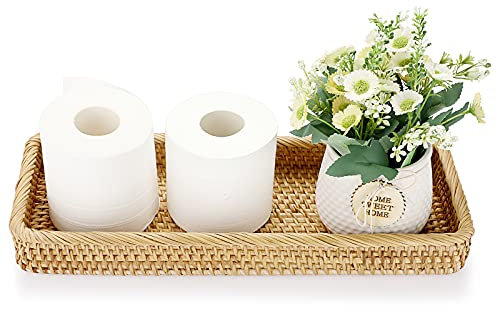 Sumnacon 16 Inch Rattan Bathroom Vanity Tray - Decorative Wicker Toilet Tank Tray for Paper Hand Towel, Vintage Storage Basket Bin for Bathroom Kitchen Toilet Tank Vanity Countertop Table Shelf