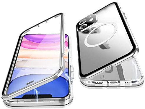 Jonwelsy Funda para iPhone 11, Protección Doble Cara 360 Grados Compatible Magsafe Metal de Adsorción Magnética Case Cover Delantera Vidrio y Trasera Mate PC Cubierta para iPhone 11 6,1 (Plata)