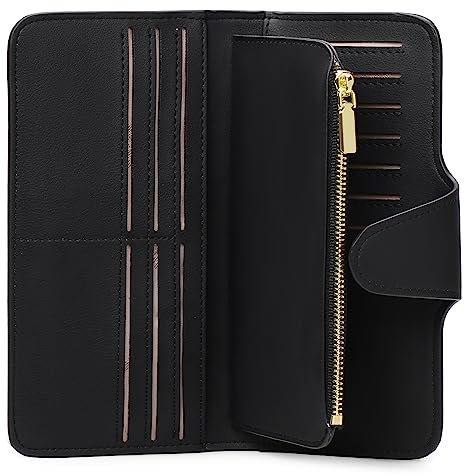 GOIACII Geldbörse Damen, Portemonnaie Damen Glattem Weichem Veganes Leder Clutch, Groß Langformat Trifold Geldbeutel für Frauenmit RFID Schutz, 19 Kartenfächer, Vielen Fächern und Handyfach(Schwarz)
