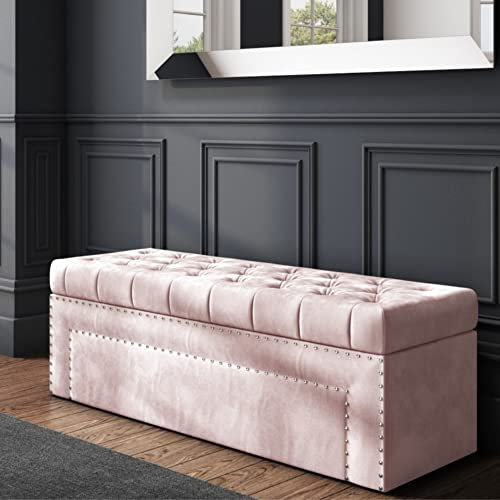 R&M Furnishers Duke Ottoman storage Box - Plush Velvet Storage ottoman with fabric buttons- Ottoman Footstool with Storage - Chesterfield Upholstered Coffee Table- end of bed storage bench Pink