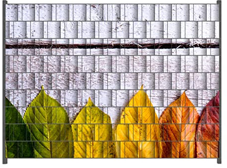 Wallario Zaun Sichtschutz Windschutz für EIN- und Doppelstabmattenzäune in der Größe Breite 2,50m x Höhe 1,80m, Motiv: Bunte Herbstblätter auf hellem Holz