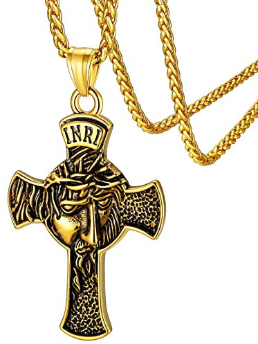 FaithHeart goldener Kreuzanhänger mit Jesus Herren Männer Jesus Halskette mit Geschenkebox für Freunden Ehemann