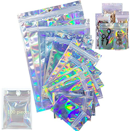 100 x geruchsdichte wiederverschließbare Mylar-Beutel, holografisch, flach, mit Reißverschluss, zur Aufbewahrung von Geschenken und Schmuck, 12 x 22 cm